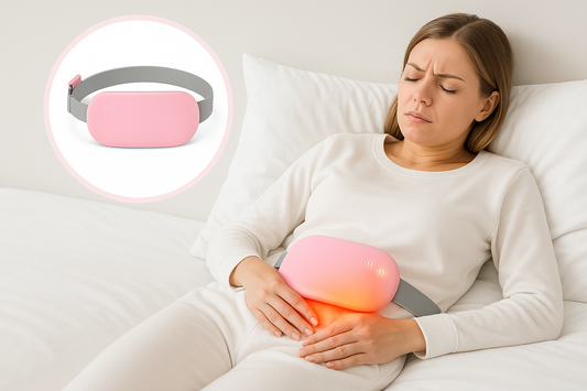 Woman lying comfortably on white bedding using pink CrampRelief Pro massage device on her abdomen with heat therapy glow effect, featuring product highlight circle showing the device's design with gray adjustable belt and digital display.