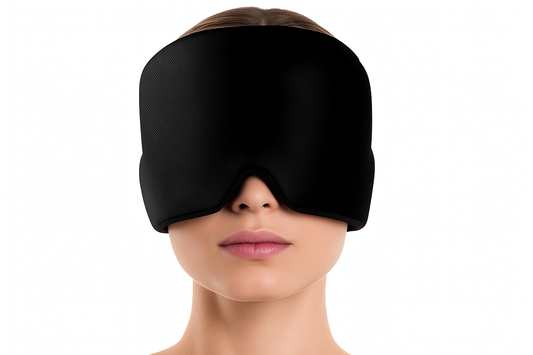 black ThermoRelief Headache & Migraine Cap mask, same positioning on the woman's face