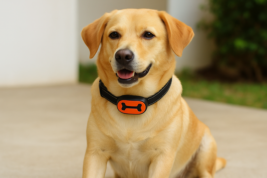 dog wearing Orange bone HUSHTAIL Anti barking collar