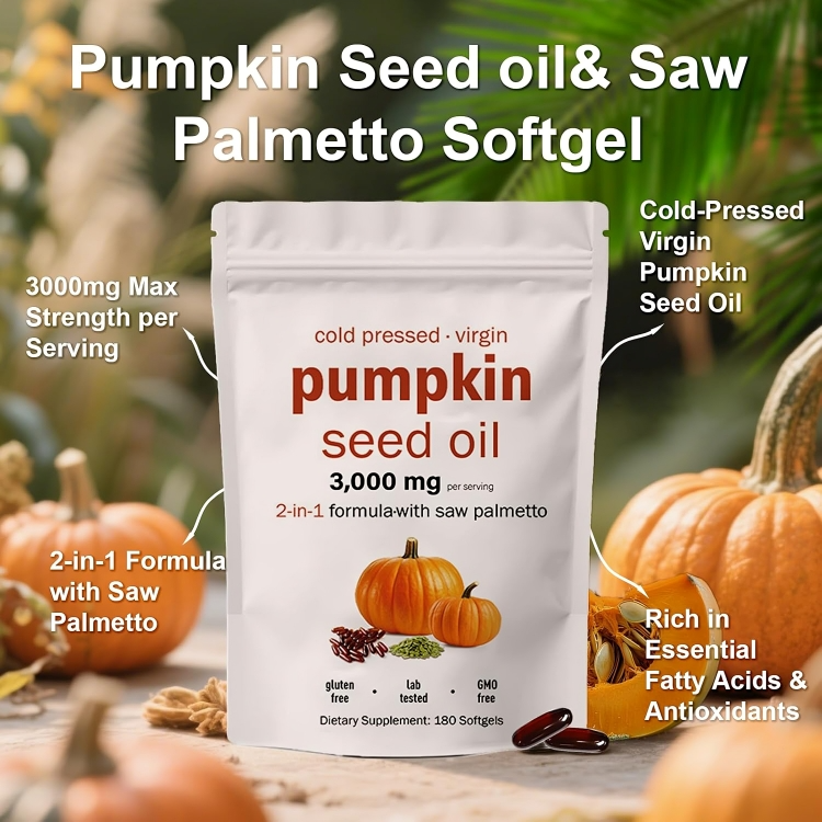 Pumpkin Seed Oil & Saw Palmetto Softgel packaging with pumpkins in the background