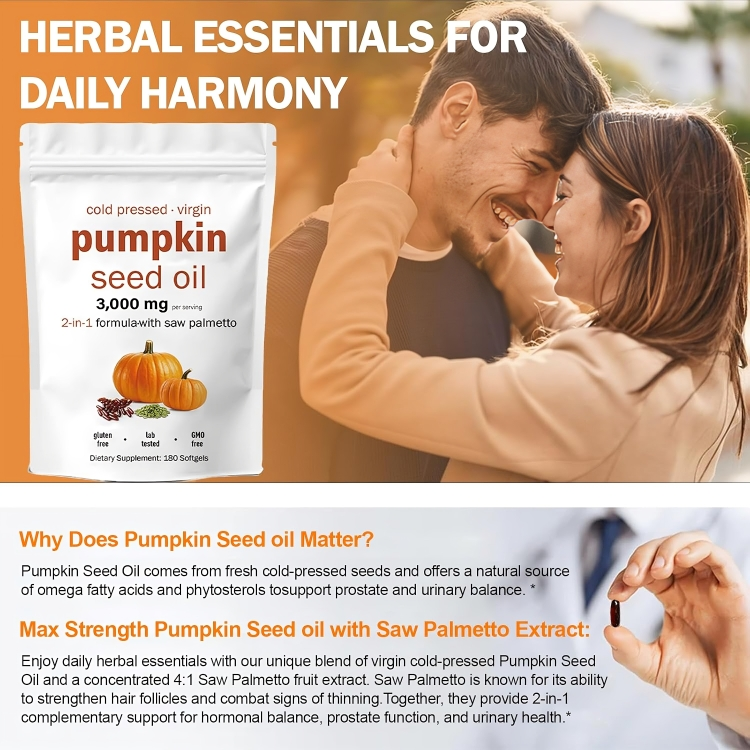 Advertisement for pumpkin seed oil with a couple embracing and a hand holding a supplement capsule.