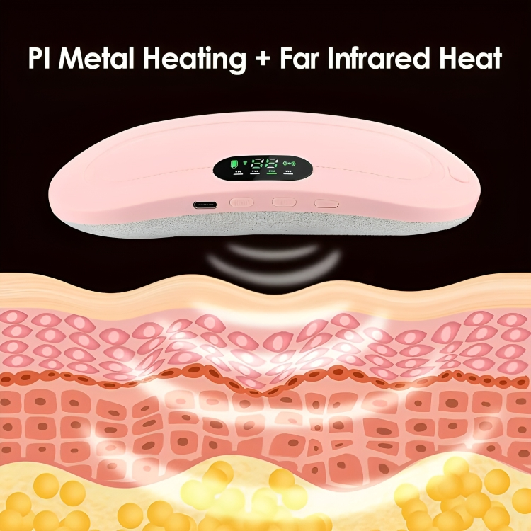CrampRelief Pro PI metal heating plus far infrared heat technology diagram showing deep tissue penetration and cellular warming for effective pain relief