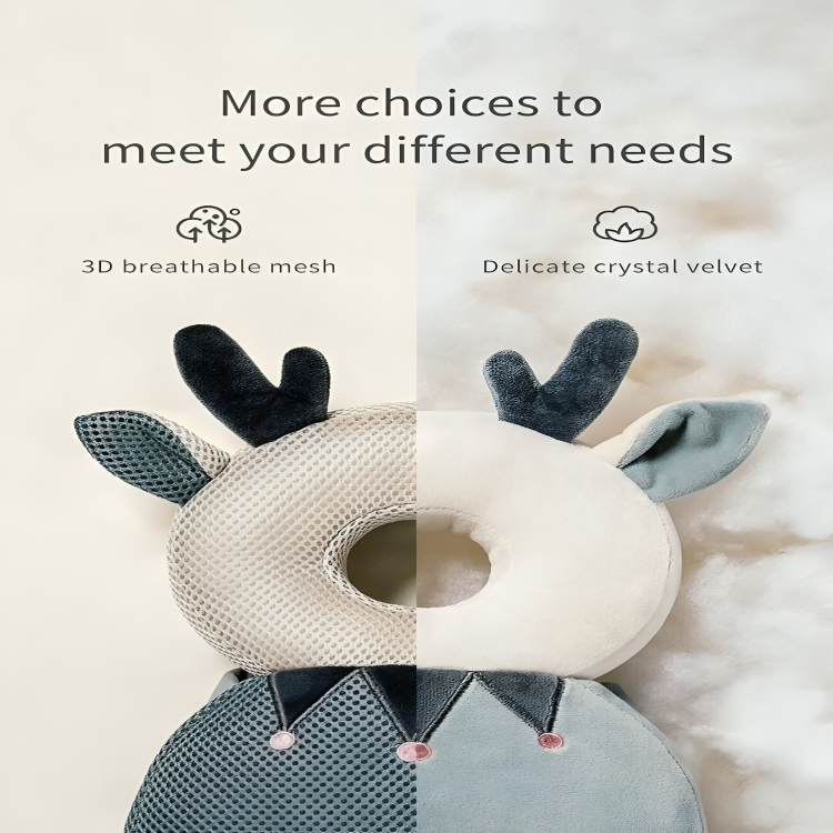 Children's neck pillow with deer design on a soft background, featuring 3D breathable mesh and delicate crystal velvet materials.