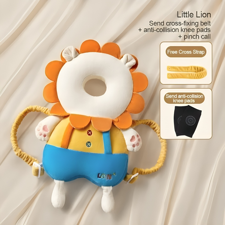 Toy lion with safety features on a beige background