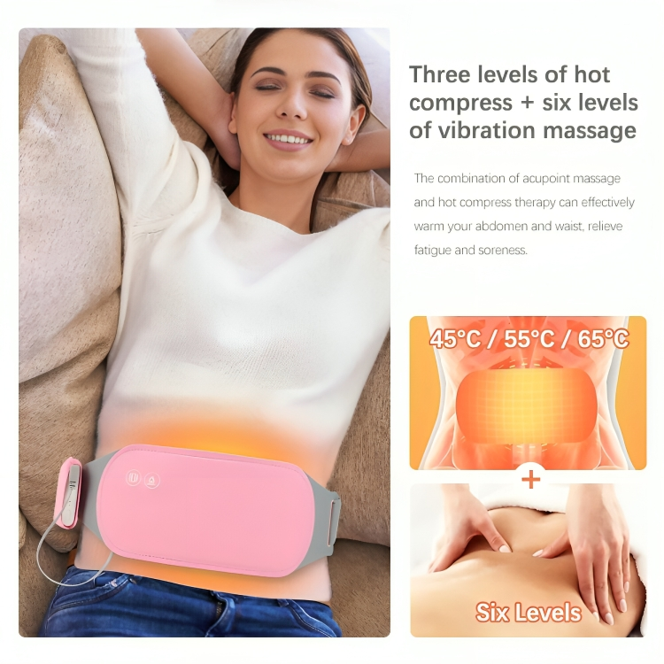 Woman relaxing with CrampRelief Pro showing three levels of hot compress (45°C/55°C/65°C) plus six levels of vibration massage for customizable menstrual pain relief
