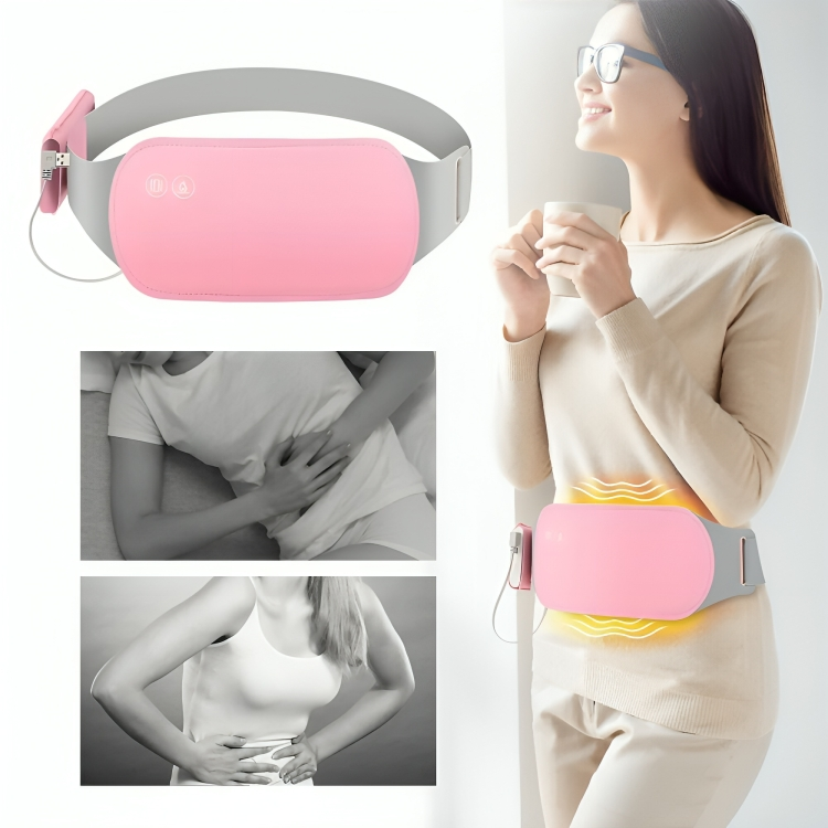 Happy woman wearing CrampRelief Pro heating belt with digital display showing discreet pink design and heat therapy zones for menstrual cramp relief