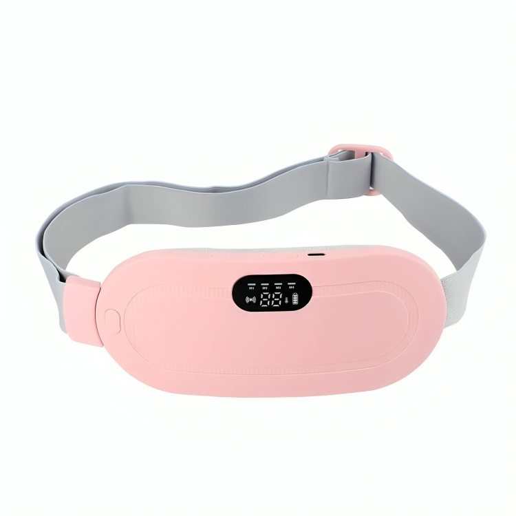 CrampRelief Pro pink heating belt with LED display screen showing 3 levels heating and 4 levels vibration massage