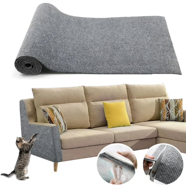Gray carpet roll with a beige sectional sofa and cat, showing product use scenarios.