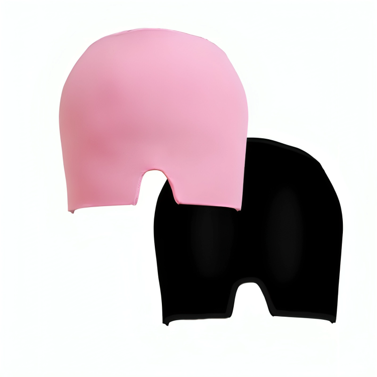 Pink and black swim caps on a white background