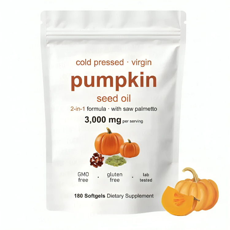 Packaging of pumpkin seed oil supplement with pumpkins on a white background