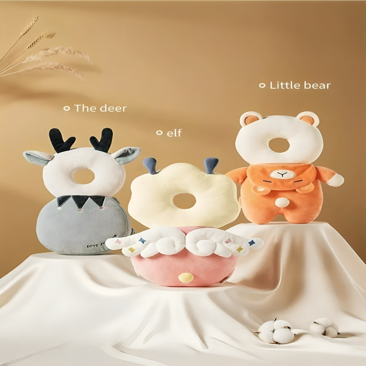 Set of four animal-themed donut-shaped pillows on a beige background