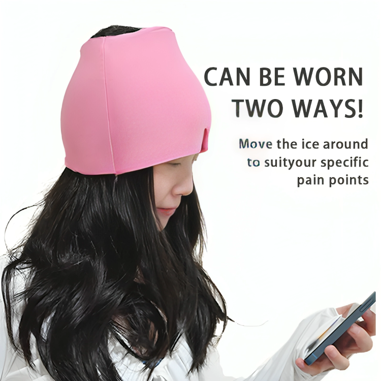 Person wearing a pink ice cap with text indicating it can be worn two ways and moved to suit pain points.