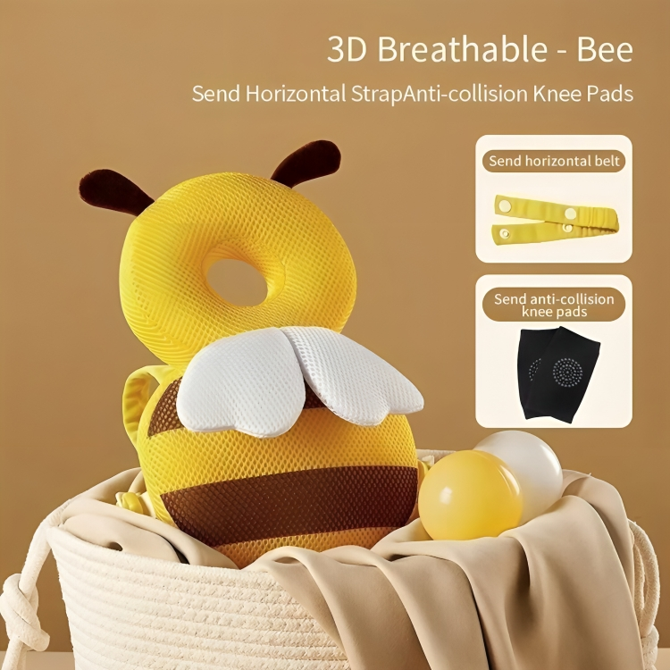3D breathable bee-shaped knee pad with horizontal strap and anti-collision knee pads on a beige background