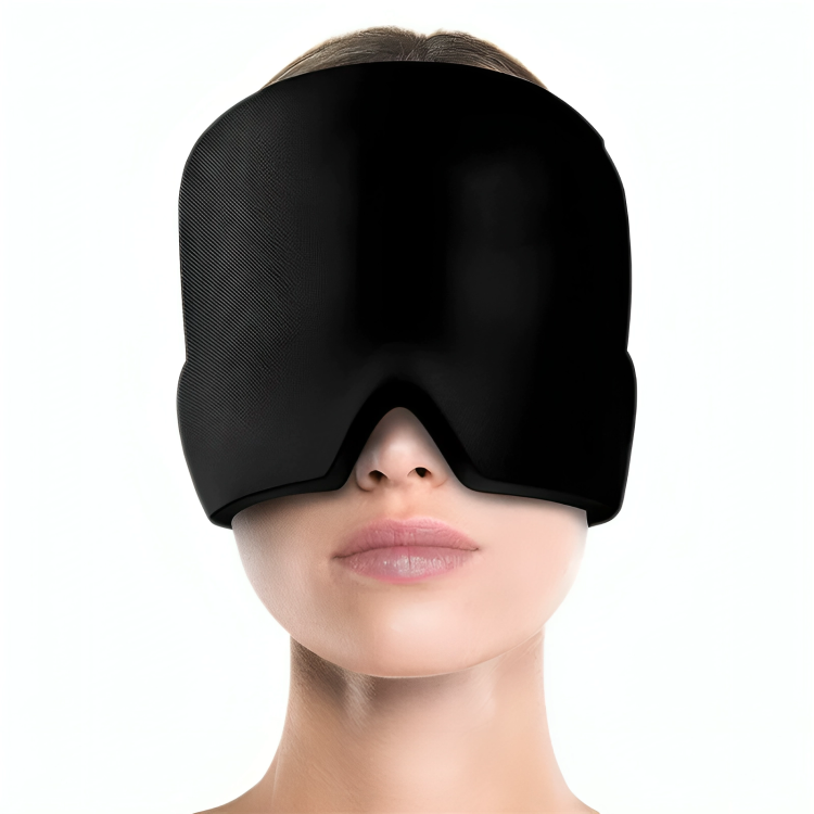 Black sleep mask worn by a person on a white background