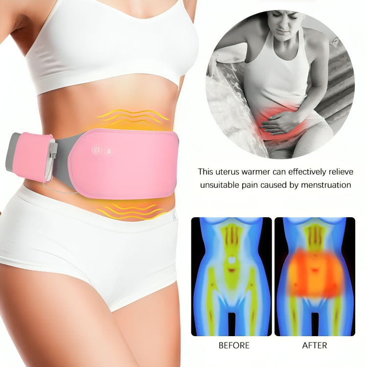 CrampRelief Pro uterus warmer demonstration showing heat distribution zones and thermal imaging before and after use for menstrual pain relief