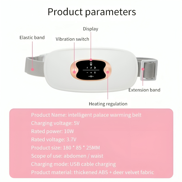 CrampRelief Pro product parameters and specifications showing intelligent palace warming belt with elastic band, vibration switch, display, heating regulation and USB charging