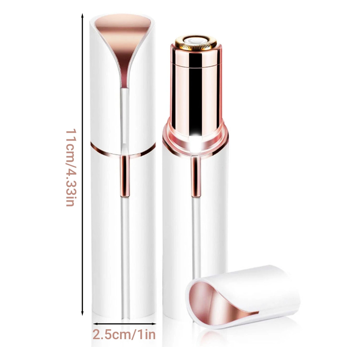 Close-up view of GlowMini Precision Lipstick Shaver showing precision tip and Size demonstration