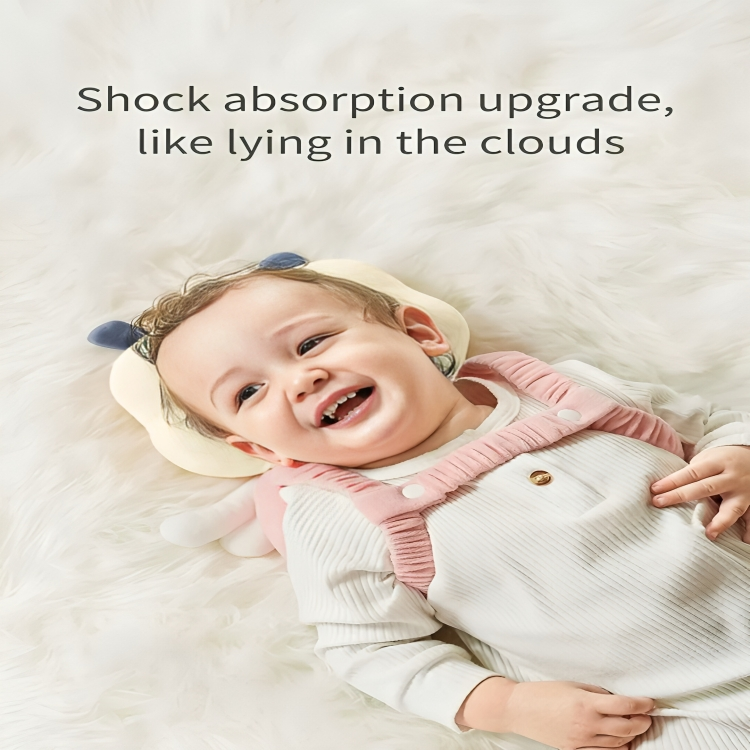 Baby lying on a soft surface with text about shock absorption upgrade