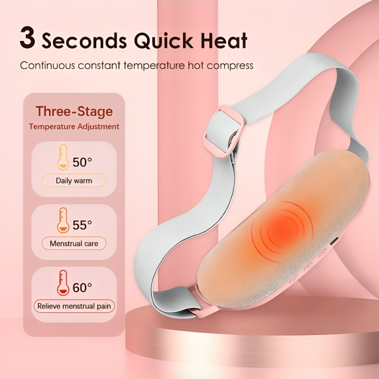 CrampRelief Pro 3-second quick heat technology with three-stage temperature adjustment showing 50°, 55°, and 60° settings for daily warm, menstrual care, and pain relief