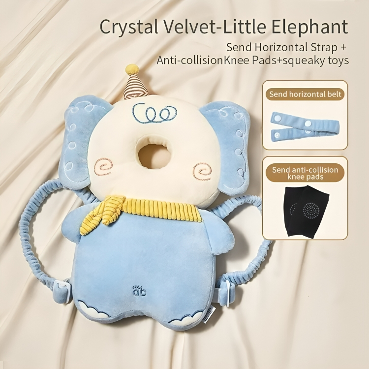 Crystal Velvet Little Elephant toy with additional accessories on a beige background