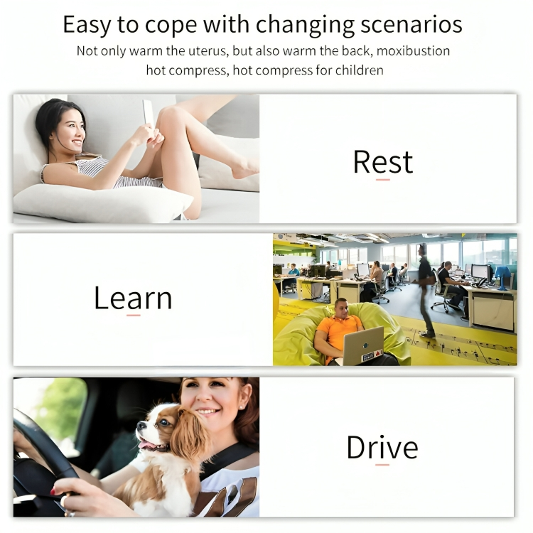 CrampRelief Pro lifestyle scenarios showing versatile use for rest at home, learning at work, and driving - easy to cope with changing daily activities