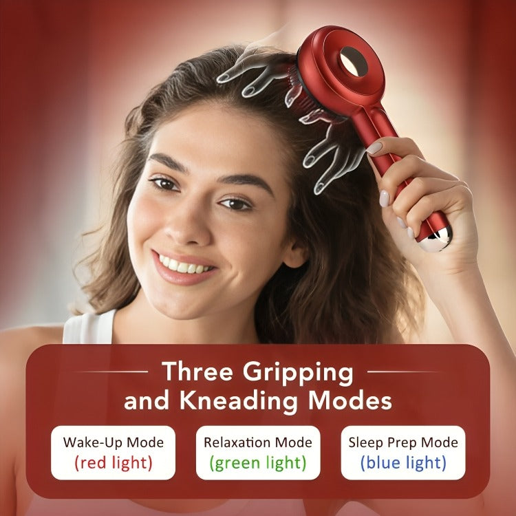 Person using hair regrowth massage comb with red light therapy on scalp and 3 modes