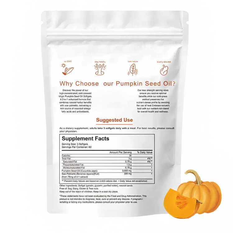 Pumpkin seed oil supplement package with text and pumpkins on a white background