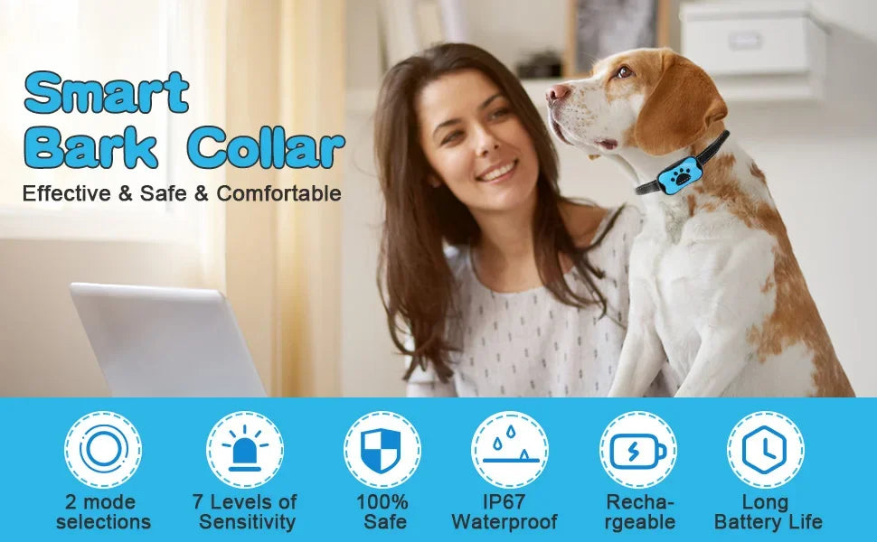 Happy dog owner using HushTail anti-bark device for gentle training results