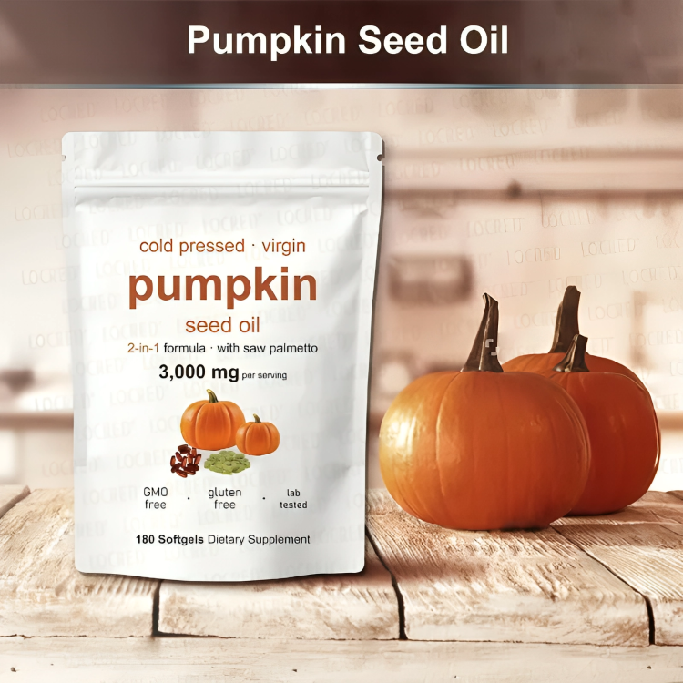 Pumpkin seed oil package with pumpkins on a wooden surface