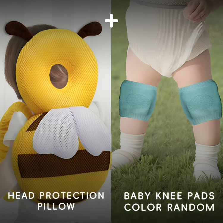 Bee-shaped head protection pillow and baby knee pads on a grassy background