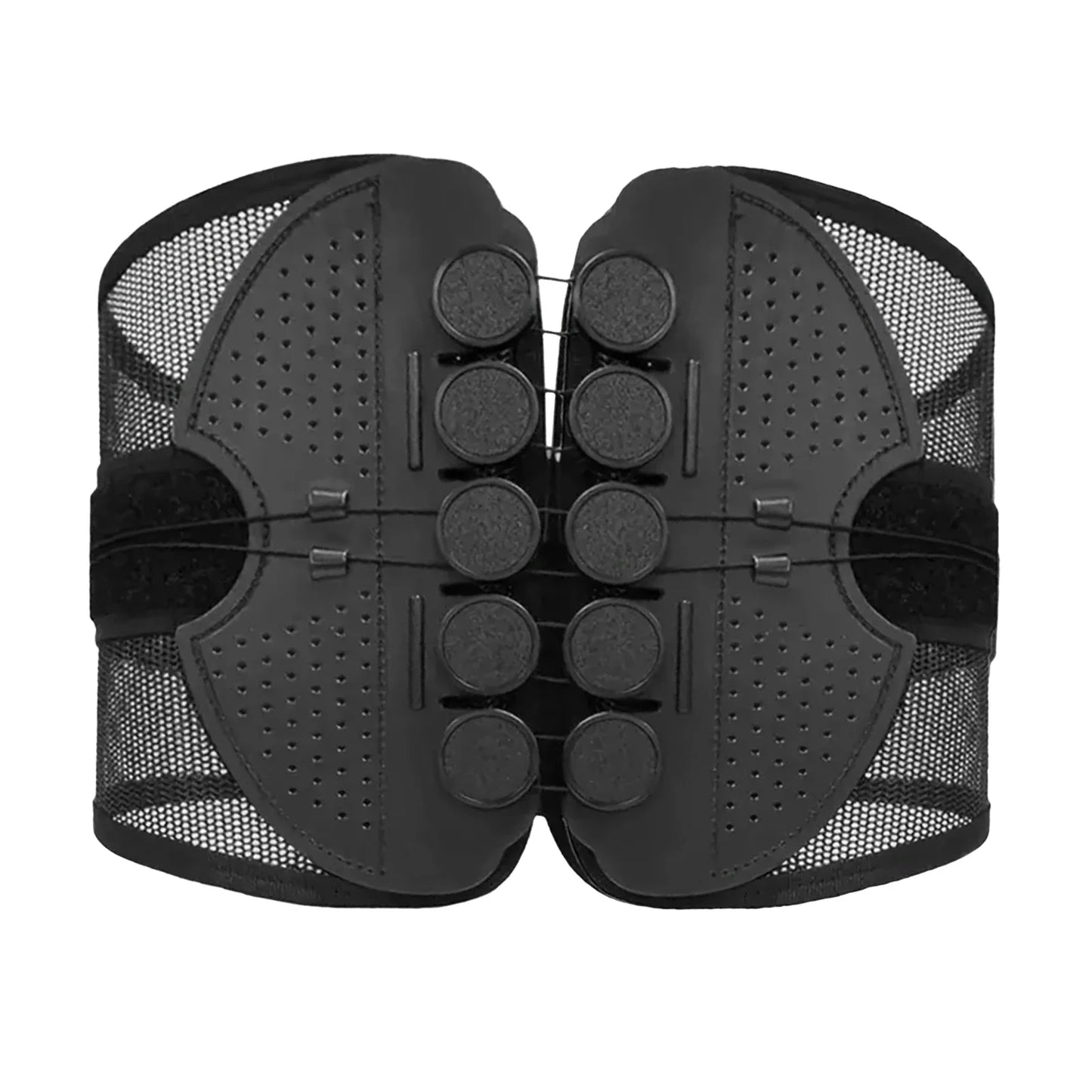Black protective back pad with mesh design on a white background