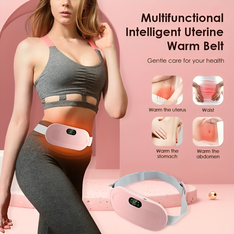 Woman wearing CrampRelief Pro multifunctional intelligent uterine warm belt showing targeted heating zones for uterus, waist, stomach and abdomen pain relief