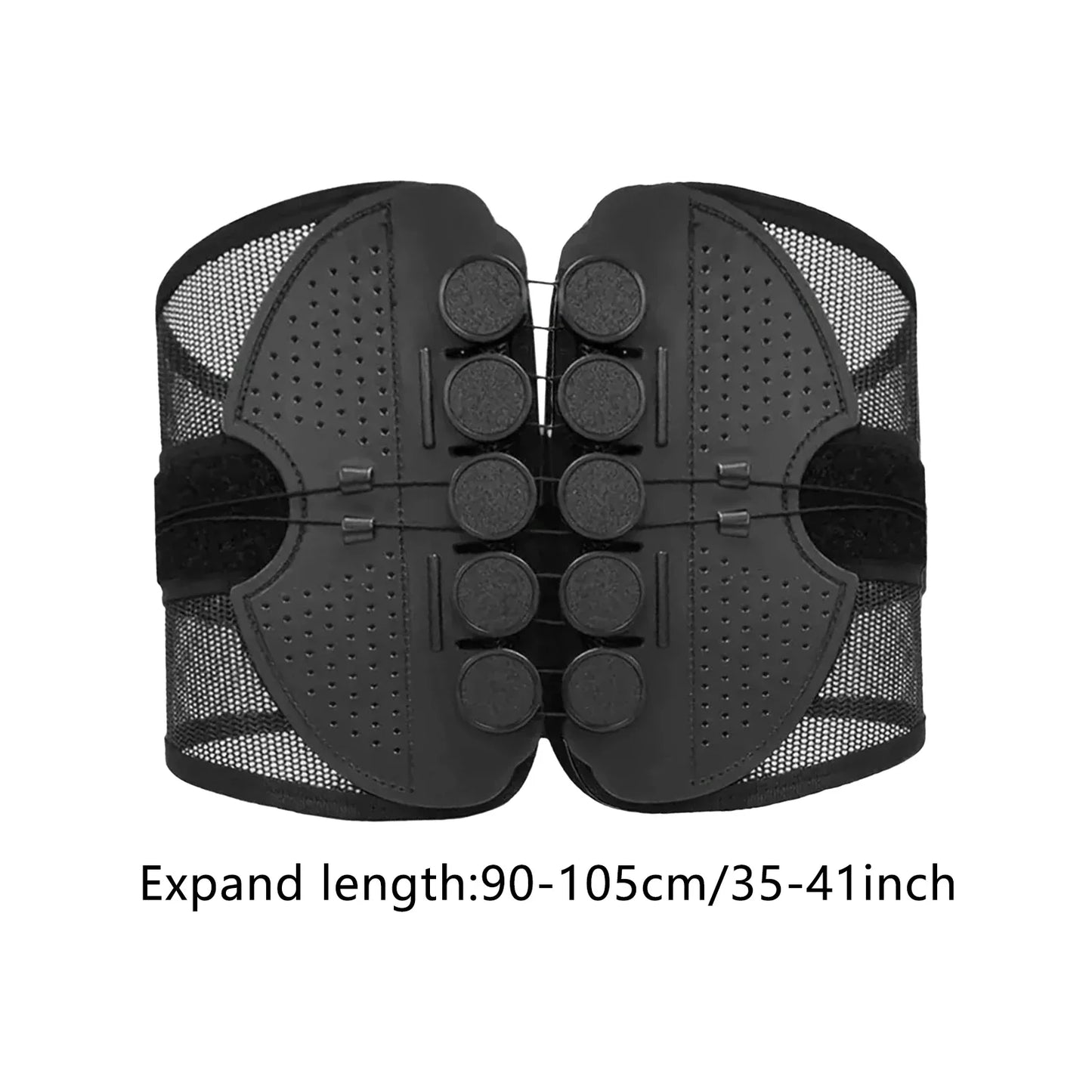 Black back support brace with expandable length on a white background