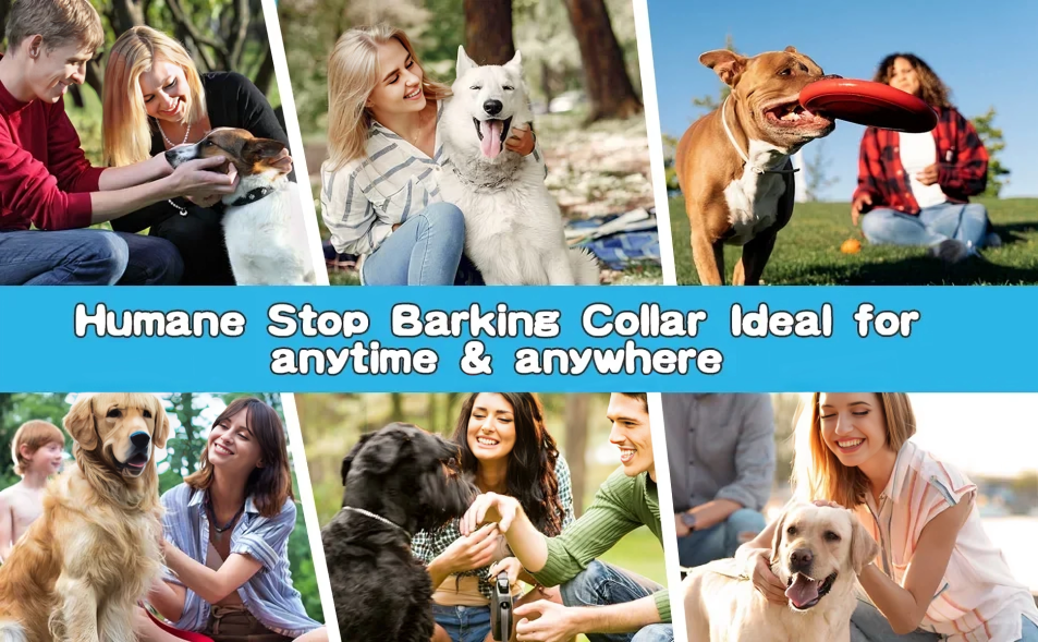 Collage of people with dogs in various settings, promoting a humane stop barking collar.