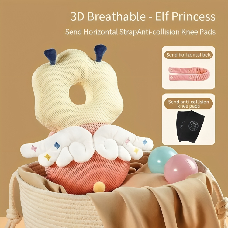 3D breathable knee pad with elf design in a basket on a beige background