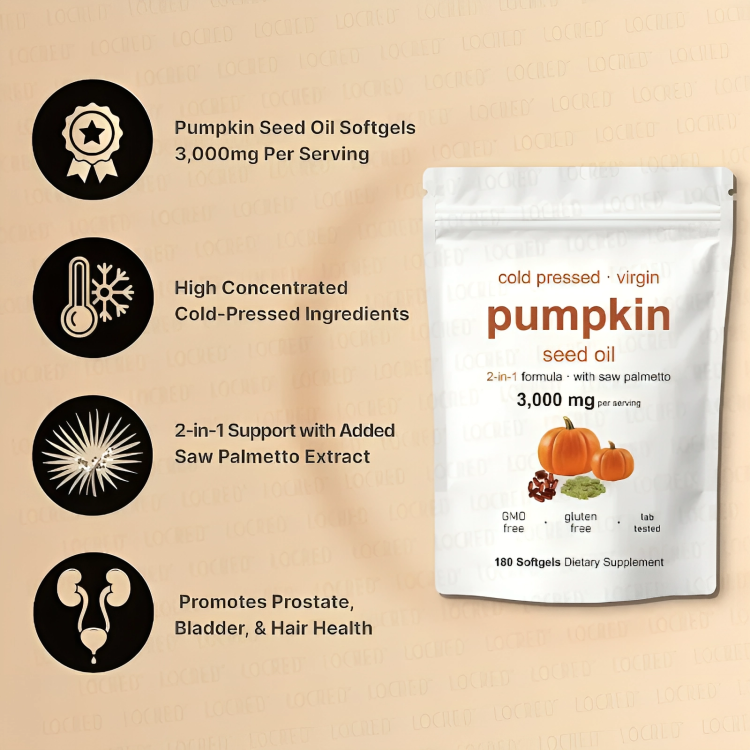 Pumpkin seed oil supplement package with text on a beige background