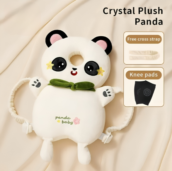 Crystal Plush Panda with features highlighted on a beige background