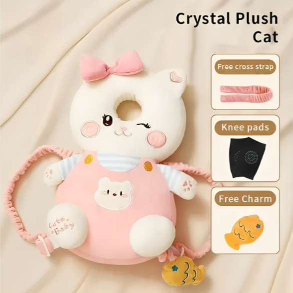 Pink plush cat toy with bow and accessories on a beige background