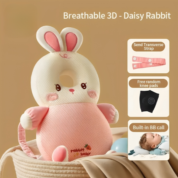 Pink rabbit-shaped product with text on a beige background