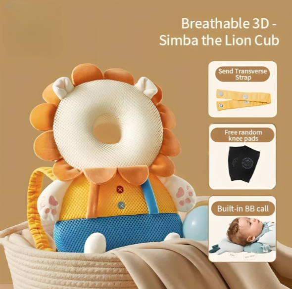 Breathable 3D lion cub pillow with additional features on a beige background
