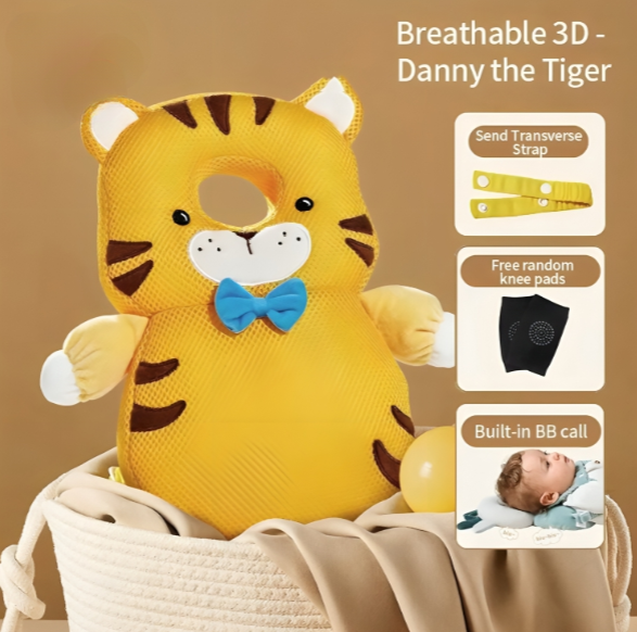 Yellow tiger-shaped pillow with a blue bow tie on a brown background