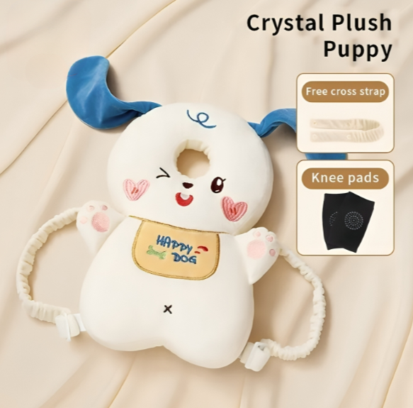 Crystal Plush Puppy toy with blue ears and a cross strap on a beige background