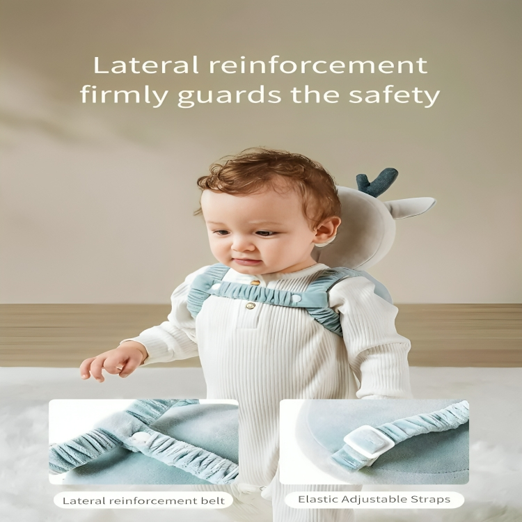 Baby wearing a safety harness with text about lateral reinforcement, standing on a bed.