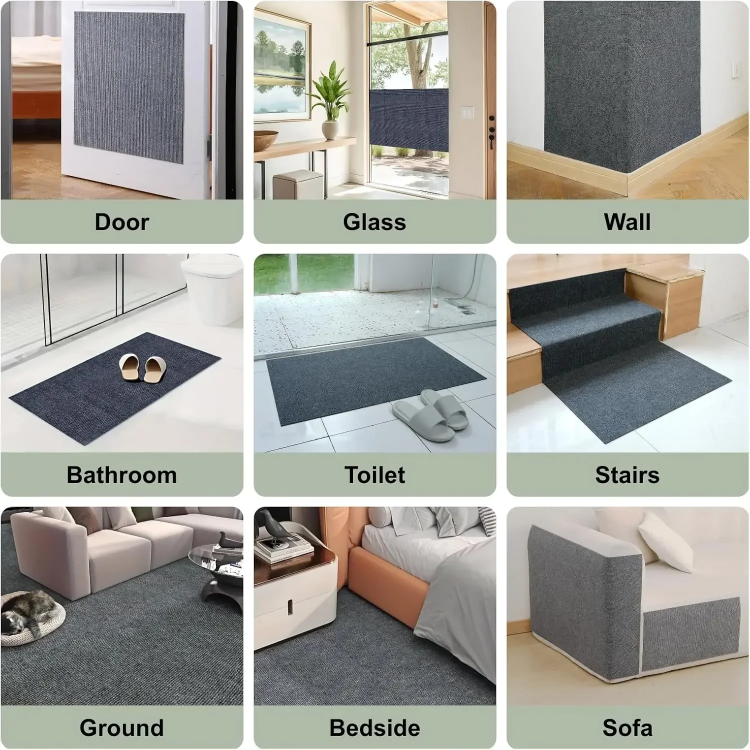 Textured gray rug shown in various settings including door, glass, wall, bathroom, toilet, stairs, ground, bedside, and sofa.