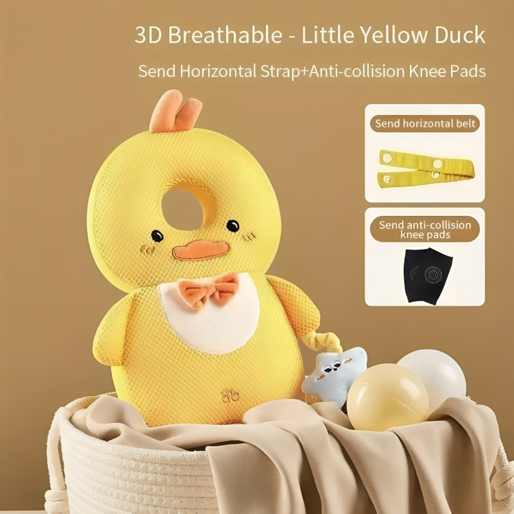 Yellow duck-shaped pillow with accessories on a beige background