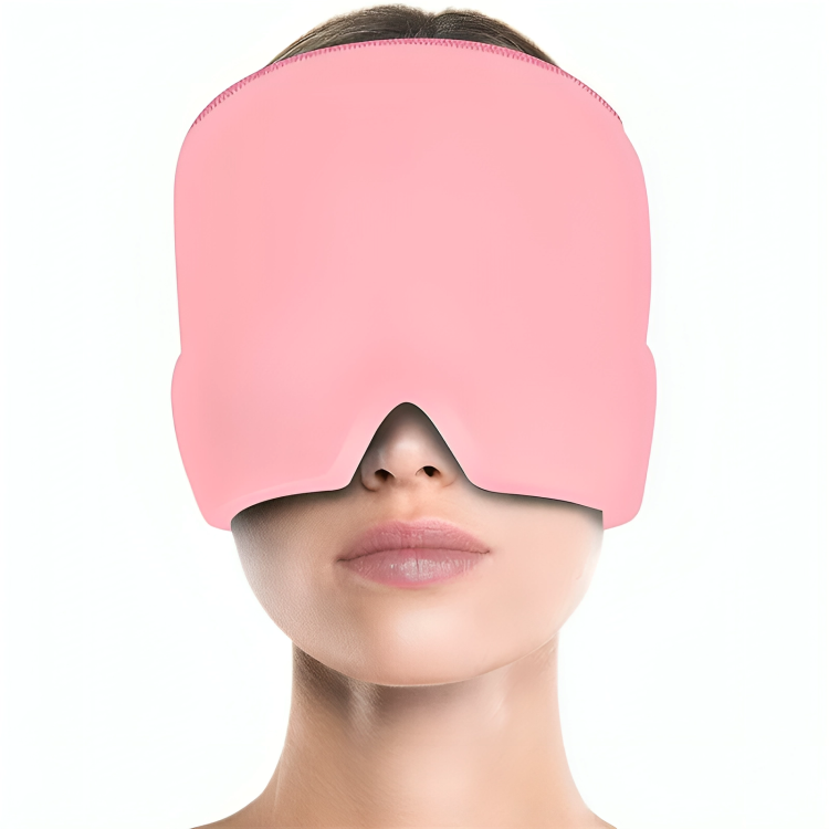 Person wearing a pink sleep mask on a white background