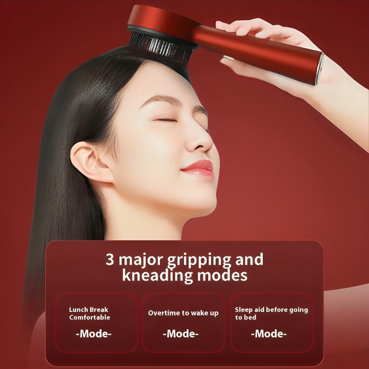Person using hair regrowth massage comb with red light therapy on scalp