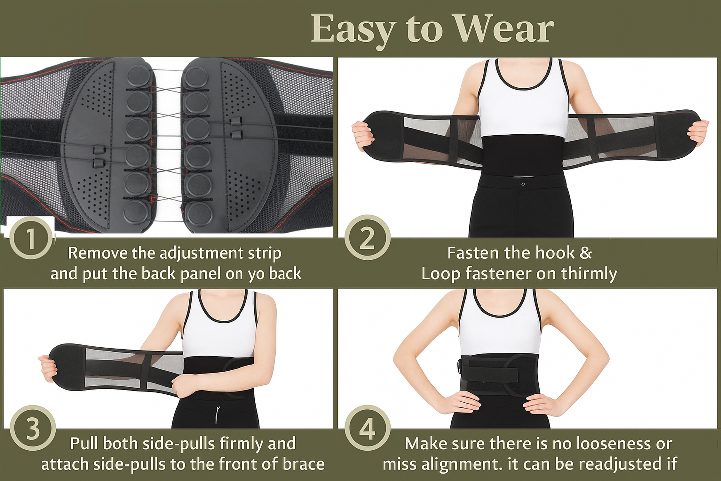 Instructions for wearing a waist brace with images of a person wearing it.