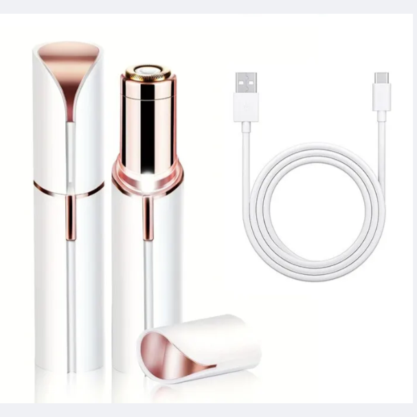 White GlowMini Precision Lipstick Shaver in elegant packaging, with USB charger