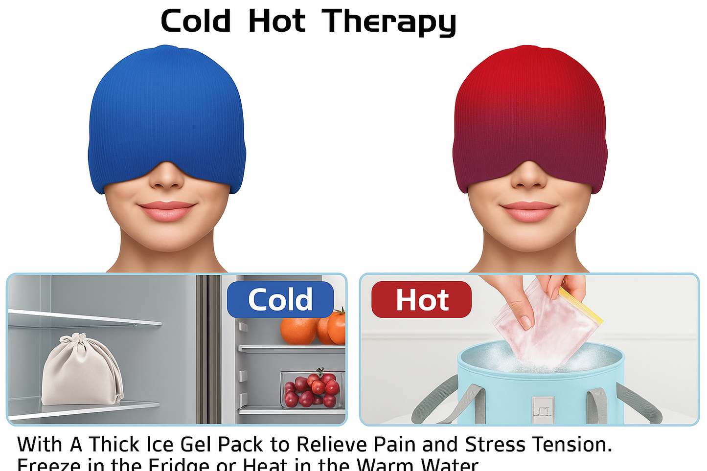 Cold and hot therapy eye masks with ice gel pack and usage instructions.